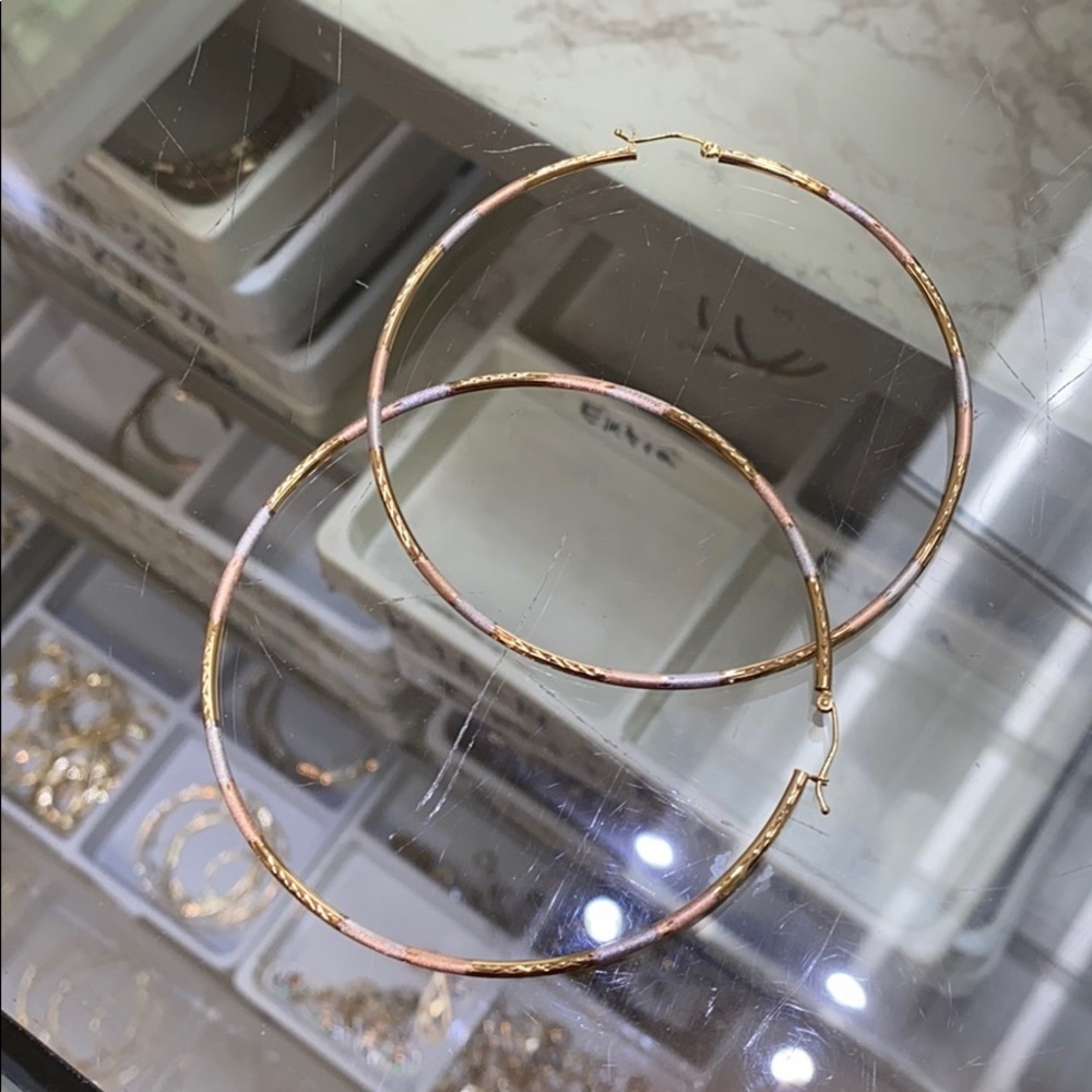 3” inches large 14k yellow Gold Hoop Earrings - Picture 4 of 6